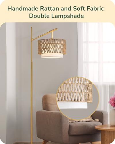 Image of EDISHINE Rattan Arc Floor Lamp, Gold Farmhouse Standing Lamps with Remote