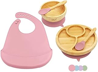 ShipShape Bamboo Baby Weaning Set, Suction Plate & Bowl, 2 Spoons & Silicone Bib, Baby Feeding Set, Free eBook on Weaning, Natural Bamboo Plates, Perfect for Dinner Set & Baby Shower Gifts