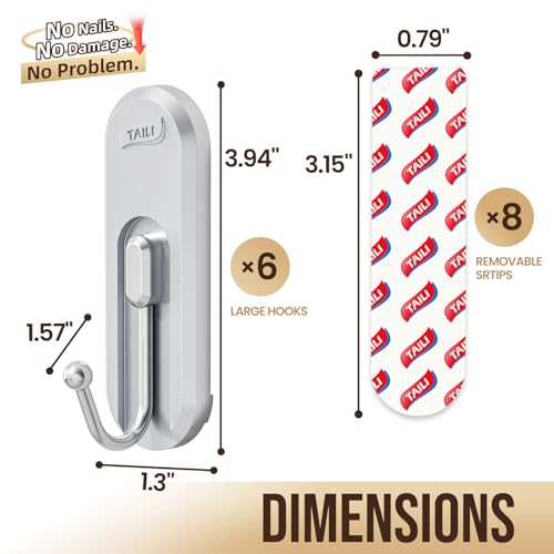 Image of TAILI Adhesive Large Hooks for Hanging, 6 Coat Hooks & 8 Strips, Silver