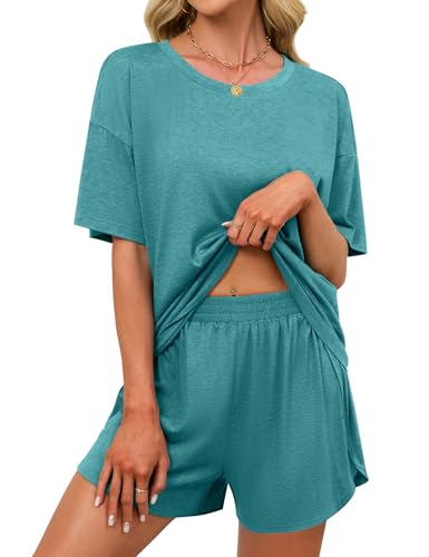 Image of JUSTFASHIONNOW Womens Pajama Sets Shorts Striped Print Two Piece Lounge Sets Crew Neck Sleepwear Split Shorts Set Soft Pjs