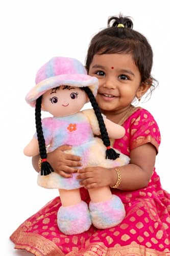 Image of Soft Plush Doll for Kids - Rainbow Pastel Stuffed Toy with Braided Hair & Hat - Cute Fabric Ragdoll for Girls, Toddlers & Babies - Soft Toys for Home Decor, Birthday & Return Gifts (42 cm)