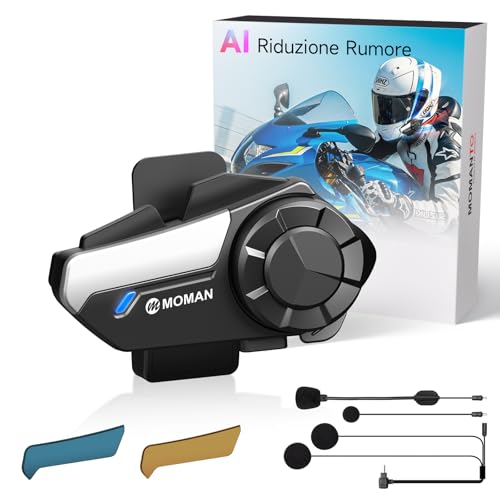 Moman Interfono Moto Singolo, H2S Auricolare Casco Moto 1000M Sistema di Comunicazione Riduzione del Rumore Tripla Audio Multifunzione Hi-Fi Stereo Radio FM Controllo Vocale AI IPX6 Impermeabile