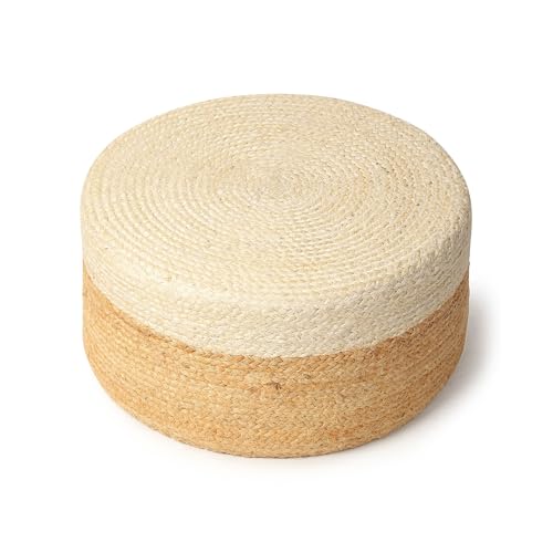 Image of Habere India-All the Cultures Fabricating India Ottomans for Living Room | pouffe Stool | Ottoman Stool | Jute pouffes for Sitting - White, Round (S: Dia45xH30 cm)