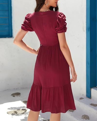 Image of Womens 2025 Summer Dress V Neck Puff Short Sleeve Tiered Dress Elastic High Waist Flowy Vacation Midi Dresses