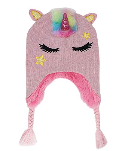 Kids Girls Winter Unicorn Beanie Hat Shining Glitter Knitted Earflap Fleece Lined Cap Toddler Little Girls