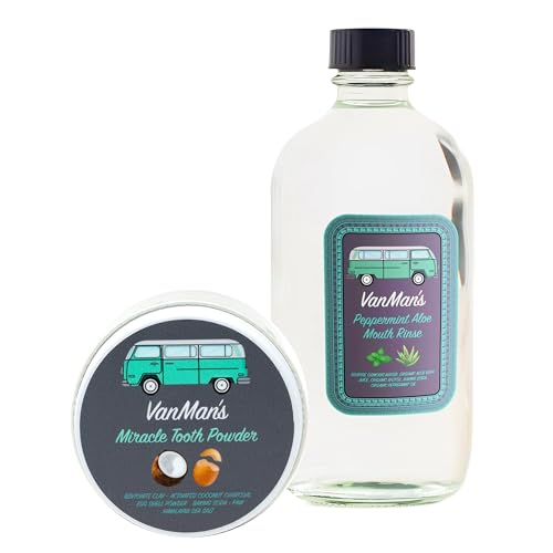 Vanmans - Oral Mouth Care Kit with Powder Toothpaste (2.2 Ounce) and Oral Rinse Mouthwash (8.8 Ounce) - Aloe Mint Remineralizing Mouthwash and Tooth Powder with Coconut Charcoal Egg Shell