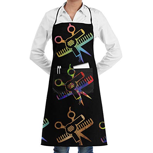 SWEET TANG Funny Water Resistant Scissors and Comb Hair Stylist Salon Black Apron with Middle Pocket for Women Durable Cooking Kitchen Polyester Apron Bib with Soft Neck Strap