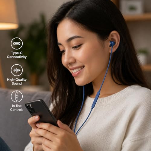 Image of Type C Wired Earphones for JBL Tun 310 C | High Fidelity Sound, Deep Bass, HD Calling Mic, Comfortable Fit, Strong Cable Compatible with All Type C Devices (Blue)