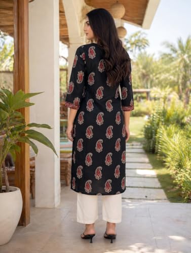 Image of Rajnandini Women's Pure Cotton Jaipuri Printed Kurti (JOPLJPR163-P Black P)
