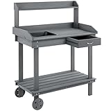 Outsunny 36" Wooden Potting Bench Work Table with 2 Removable Wheels, Garden Workstation with Removable Sink, Drawer & Large Storage Spaces, Gray