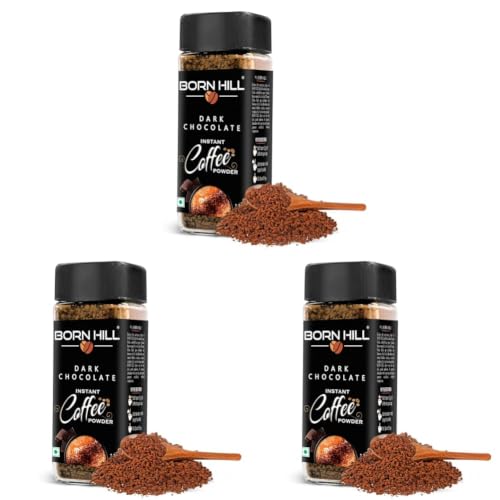 Image of BORN HILL Dark Chocolate Instant Coffee, 50g | 100% Arabica & 0% Chicory | Rich Chocolate Flavor | Makes 25 cups | Hot & Cold Brew | Vegan | Premium Coffee Powder (Pack of 3)