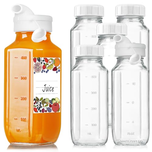 Image of 6 Pack 16 Oz Glass Juice Bottles with 2 Pour Spouts, 100% Airtight Heavy Duty SCREW Lid- Reusable Glass Milk Bottles w Scale Mark, Square Drinking Jar Juice Container Breast Milk Pitcher(Extra 2 Lid)