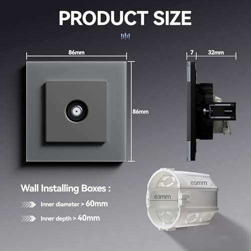 BSEED Satellit Steckdose aus Glas,Unterputz Wandsteckdose mit Krallen, NEU E-Serie, 86mm Grau