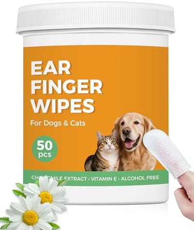 Ear Cleaner Finger Wipes, Pet Wipes for Dogs & Cats, Soft Otic Cleaning Pads, Natural Dog Ear Wipes Gently Remove Wax, Dirt and Odor, Non-Irritating, 50 Counts