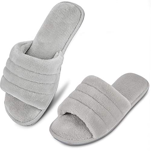 DL Women's Memory Foam Open Toe Slide Slippers with Cozy Terry Lining, Slip on House Shoes Spa Mules Sandals with Indoor Outdoor Rubber Sole