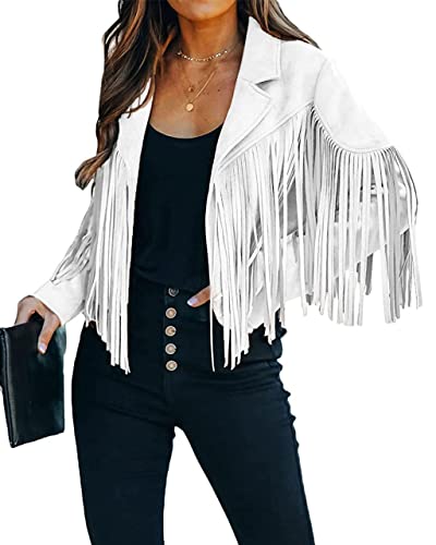 ebossy Women's Suede Fringe Jacket Long Sleeve Slim Faux Leather Boyfriend Cropped Top with Tassles