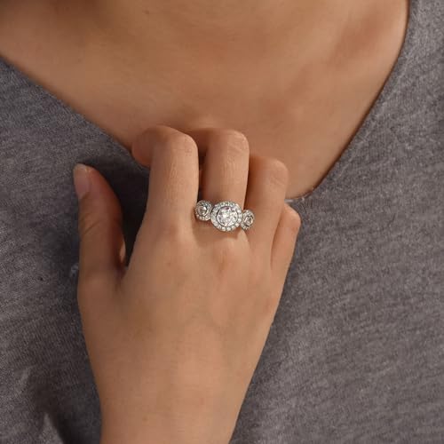 Bling Jewelry Personalized Art Deco Vintage Style Past Present Future Three Stone Circlet Halo AAA Cubic Zirconia Round Solitaire Engagement Ring Set Rose Gold .925 Sterling Silver Customizable4