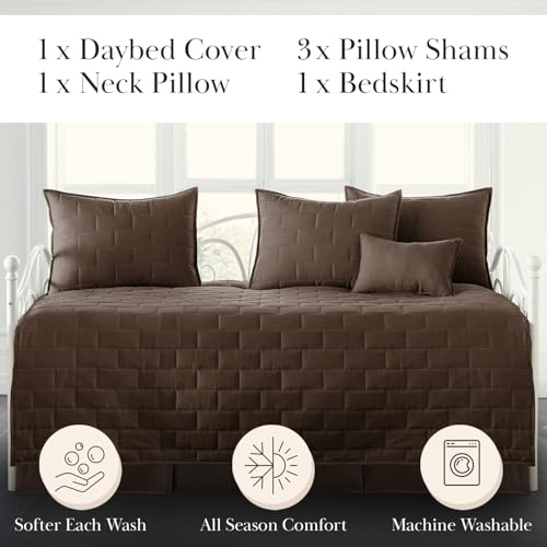 Image of Southshore Fine Living, Inc. Twin Daybed Comforter Set, 6-Piece Twin Bedding Set with Daybed Cover, 3 Pillow Shams, Bed Skirt, Throw Pillow - Day Bed Quilt Set, Brickyard Brown