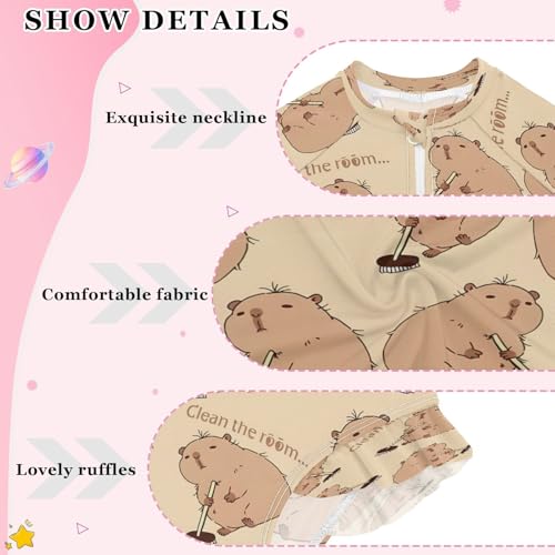 Capybara Mopping The Floor Girls Long Sleeve Swimsuits One Piece Zipper Bathing Suit UPF 50+ Rashguard Swimwear4