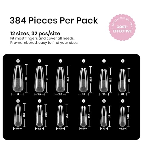 Image of Beetles Gel Nail Tips Etch-X- Coffin Long, 384pcs 12 Sizes Pre-Etched | Half Matte Full Cover Soft Gel Nail Tips, Press on False Nail Extension Acrylic Fake Nails, Easy DIY Salon Art