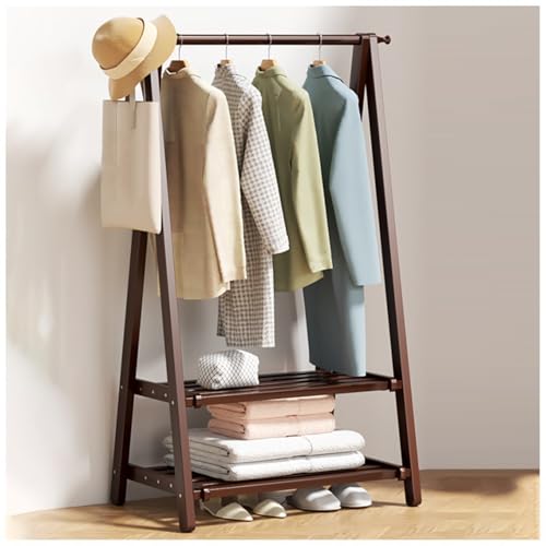 Perchero independiente de bambú con 2 estantes y 1 varilla, armario multifuncional plegable, organizador de zapatos, armario abierto, altura: 160 cm, perchero de madera (L: 68/86/116 cm)