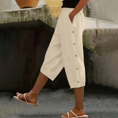 LMSXCT Women Casual Lightweight Elastic Waist Side Buttons Cotton Linen Capri Pants with Pockets Summer Vacation Beach Capris Beige