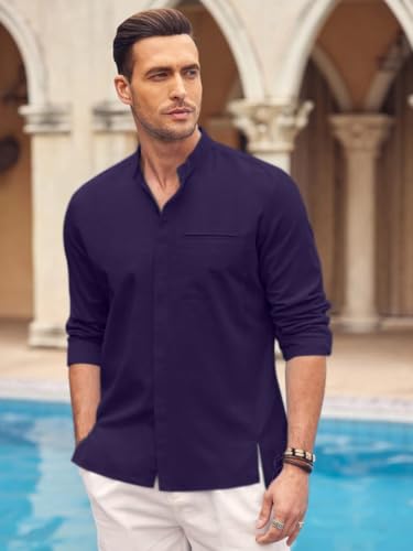 Image of Mens Casual Button Down Shirt | Cotton Luster Long Sleeves Shirts | Mandarin Collared Shirts