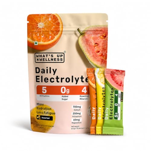 Image of What's Up Wellness Daily Electrolytes Powder - Assorted Flavour Pack | Zero Added Sugar | Instant Hydration - Sodium, Potassium, Magnesium & Zinc | Vegan - 15 Sachets