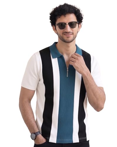Image of AUSK Men's Zip Collar Polo Tshirt | Cotton Rich Material | Half Sleeves | Modern Knit Panel Work | Regular Fit