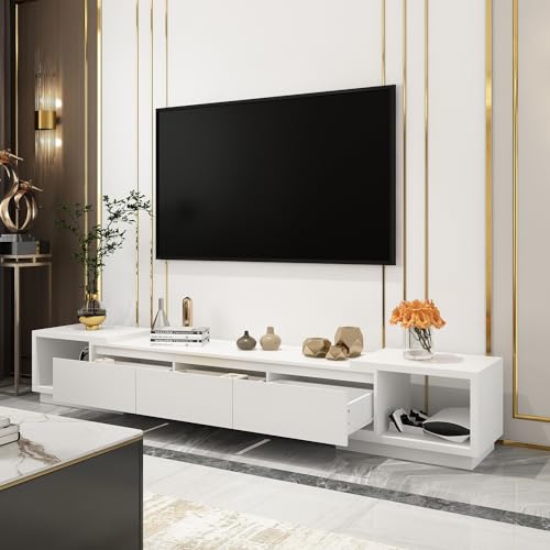 DEZAGCE Verstellbares TV Schrank TV-Lowboard,160 cm- 270cm Breit Lowboard Weiß für Fernseher,Fernsehtisch mit 3 Schubladen,Tv Board,Tv Tisch,Tv Bank mit Linke und Rechte Seite verstellbar,Wohnzimmer