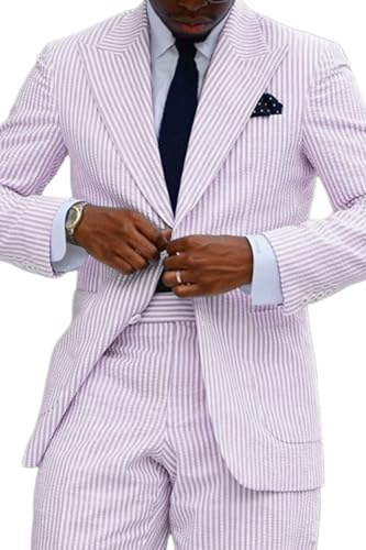 Wehilion Men's Striped Seersucker Suits 2 Piece Slim Fit Wedding Tuxedo Summer Beach Suits Sets