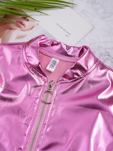Loyan Kids Girls Metallic Bomber Jacket Coat Zip Up Long Sleeve Jazz Dance Crop Top Windbreaker Outerwear4