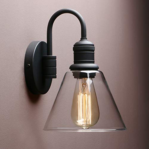 Yosoan 1-Light Vintage Industrial Fixture Light, Funnel Flared Clear Glass Shade with Elegant Gooseneck Curved Rod Wall Sconce for Bathroom Porch Kitchen Living Room Hotel Bar Foyer(Black)
