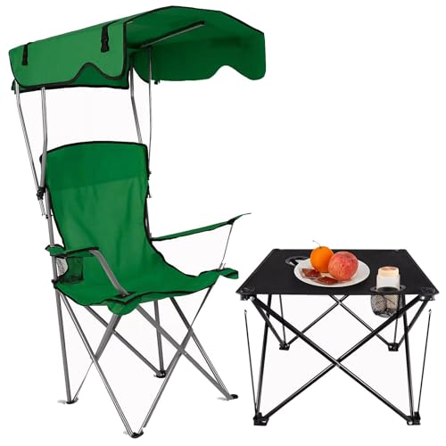 Juego de mesa portátil de camping al aire libre con sillas de sombra, plegable, resistente, fácil de instalar, para camping, picnics y actividades al aire libre, práctico color verde