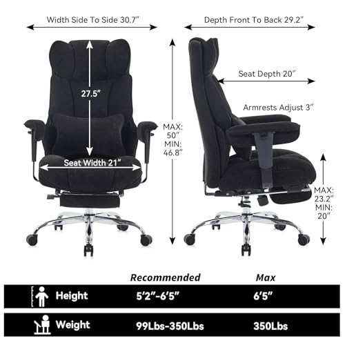 Image of Efomao Executive Office Chair 400lbs, Black Fabric Big and Tall Desk Chair | Breathable fabric, pocket spring & foam seat, retractable footrest, 135 recline for computer gaming setup
