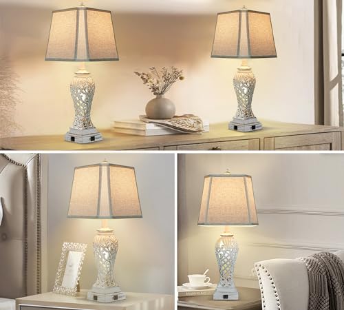 Weiters 29'' Tall Farmhouse Table Lamps Set Of 2, Boho Table Lamp For Living Room With Usb C+A, Bedside Lamp With Nightlight For Bedroom, Hollow Out Resin Lamp Nightstand Lamp thumb #3