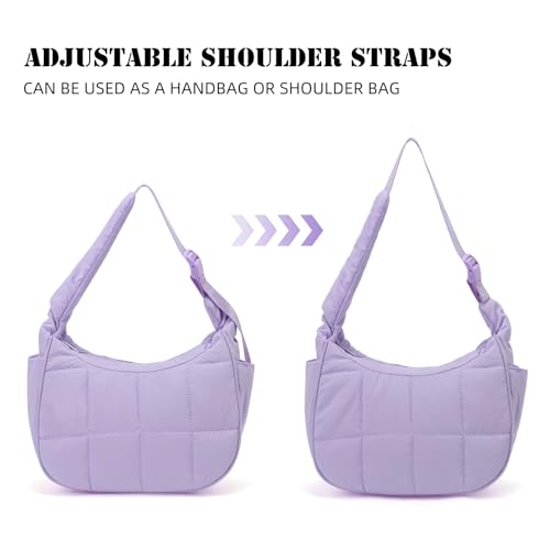 Image of Small Puffer Crescent Underarm Shoulder Bag for Women, Nylon Quilted Purses Handbags with Adjustable Strap, Purple