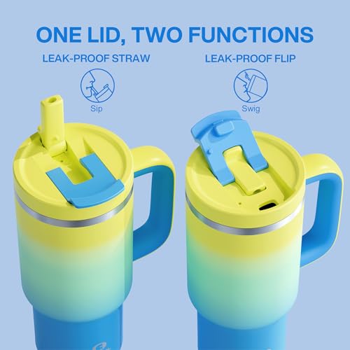 Image of ENCOOL 32 oz Tumbler with Handle and Straw: Stainless Steel Insulated Tumbler Keeps Cold for 24 Hours, Leakproof Travel Cup Fits in Cup Holder and BPA-Free, Soft Lagoon