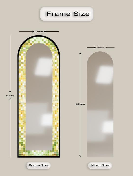 Lime Glow Harmony - Specchio da pavimento con mosaico verde fresco, lunghezza completa, 50,8 x 160 cm (larghezza x altezza), con cornice nera e cornice dorata