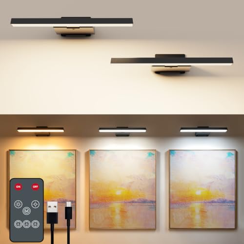 Coollamp 2 Pack Picture Lights for Wall Cordless Rechargeable Wall Lights Battery Operated Wall Lights with 3 Color Temp Remote Control CRI 95+ Dartboard Light for Frames & Art Painting