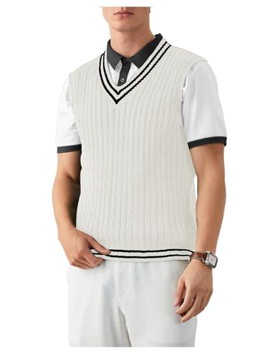 SOLY HUX Men's Striped Cable Knit Sweater Vest V Neck Sleeveless Casual School Sweater Tops White Striped Large