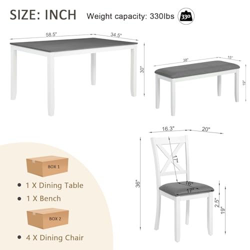 Image of Harper & Bright Designs 6-Piece Wooden Dining Set for 6,Kitchen Furniture Set with Cross Back 4 Dining Chairs and Bench,White+Gray