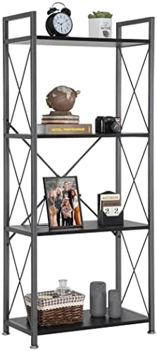 LAVIEVERT 4-Tier Industrial Bookshelf Vintage Bookcase Shelf Organizer Rustic Wood and Metal Storage Rack for Home, Office, Garage, Kitchen, Living Room - Black