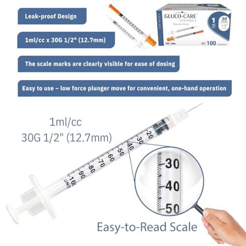 Image of GLUCO-CARE 1 ml /cc Syringes 30G x 1 /2'' (12.7mm), Orange Cap, 100 /box