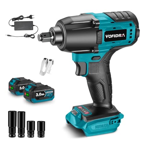 Yofidra Atornillador de impacto con batería de 750 N.m de par máximo, llave de impacto con 2 baterías de 3000 mAh, cargador, motor sin escobillas, llave de impacto eléctrica con 4 llaves de vaso de
