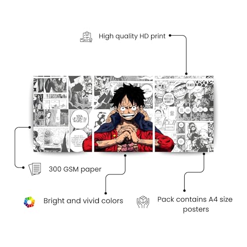 Image of ADRAIL STORE One Piece Anime Manga Poster, Luffy Character Design Wall Poster 3 Panal - A4 Size, 300 GSM, Wall Decor Posters Wall Art For Bedroom, Living room, Office, Dining Room,No Frame (Luffy)