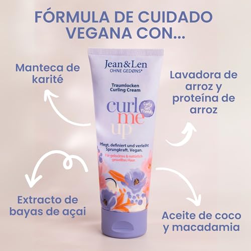 Jean & Len Crema para Rizos Arroz & Acaí, para cabello rizado u ondulado, apta método Curly Girl, define y aporta elasticidad, sin siliconas, crema vegana para rizos - imagen 2