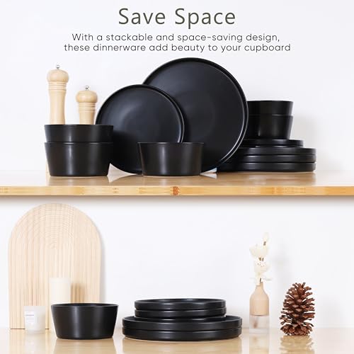 Herogo 18 Pieces Stoneware Dinnerware Sets for 6, Dinner Plates and Bowls Set, Reactive Glaze Dishes for Kitchen, Chip Resistant, Microwave & Dishwasher Safe, Matte Black by Herogo - Image 4