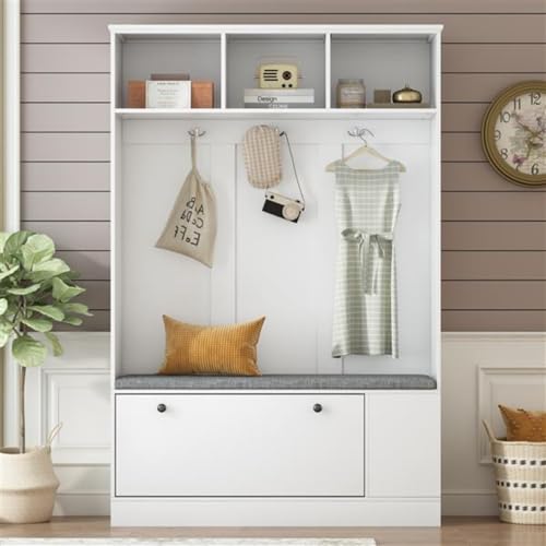 Zapatero con Banco de Entrada de 120 cm de Ancho, con Cojines y 3 Ganchos Resistentes, Ideal para Pasillo, Entrada y Sala de Estar, Color Blanco.