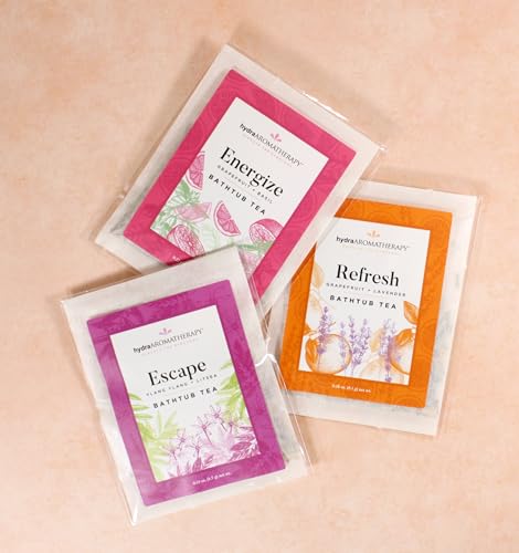 Image of hydraAROMATHERAPY Bathtub Tea Sachet with Herbs Flowers & Essential Oils for Relaxing Baths Foot Soaks Facial Steams Made in USA, 1.5 Ounce Single-Use Bag, Refresh (Grapefruit & Lavender)